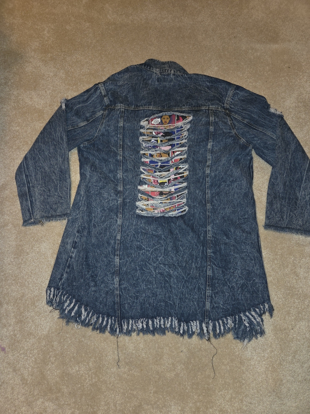 Thrills Blue Denim Long Jacket with Colorful Shredded Back Panel